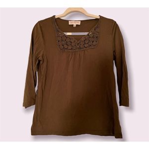 Jones New York Green Crochet Neck 3/4 Sleeve Top- Size Small